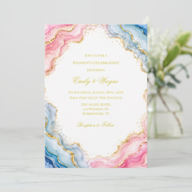 Pink Blue Gold Agate Wedding Celebration Invitation (Standing Front)
