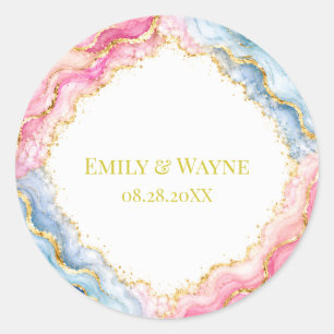 Pink Blue Gold Agate Wedding Classic Round Sticker