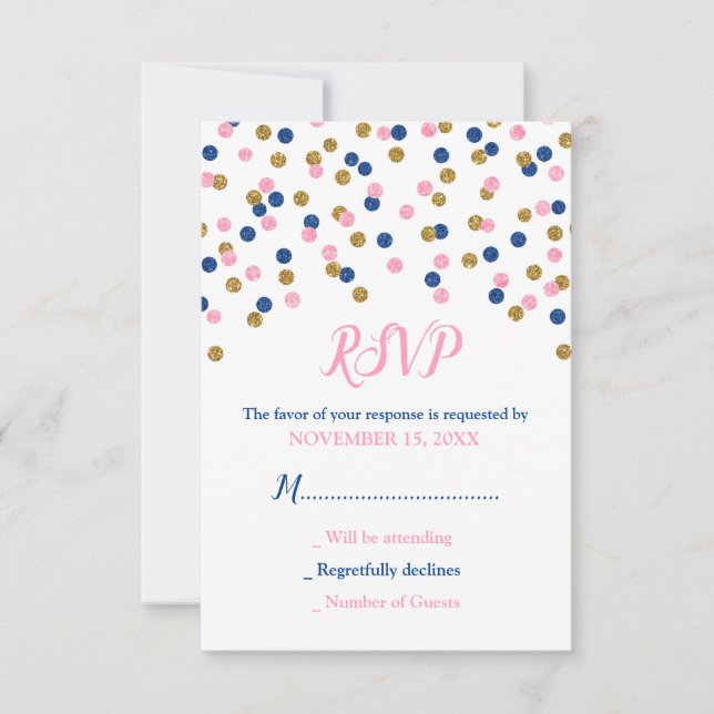Pink Blue Gold Confetti Baby Shower RSVP Cards (Front)