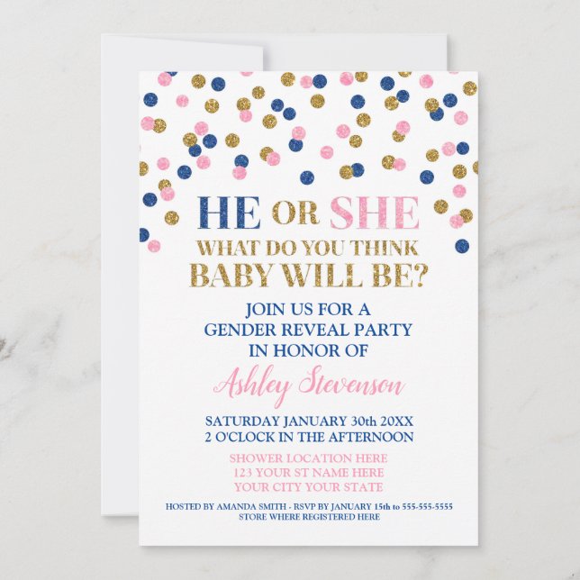 Pink Blue Gold Confetti Gender Reveal Shower Invitation (Back)