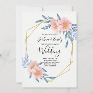 Pink Blue Gold Floral Blush Geometrical Wedding Invitation