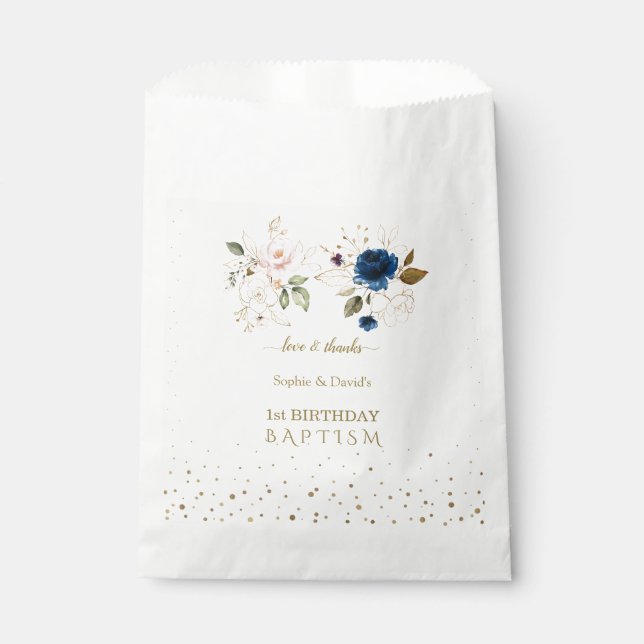 Pink Blue Gold Flowers Twins 1st Birthday Baptism Favour Bag (Front)