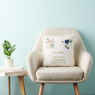 Pink Blue Gold Flowers Twins 1st Birthday Baptism Throw Pillow