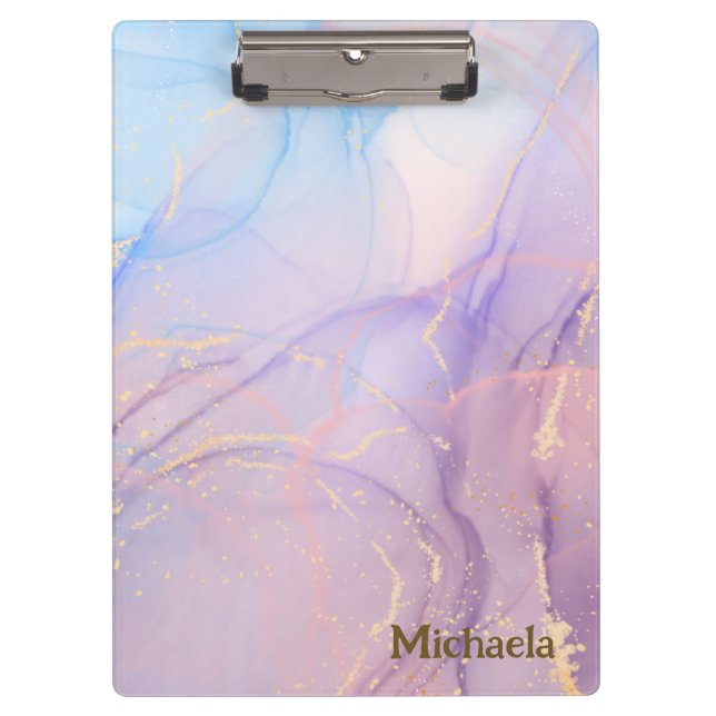 Pink & Blue Gold Glitter Marble Clipboard (Front)