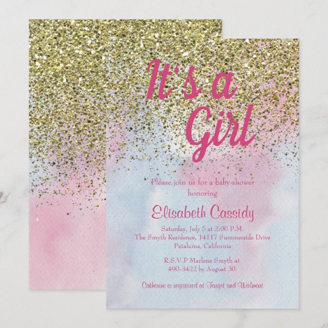 Pink Blue Gold Glitter Sprinkle Baby Shower Invite (Front/Back)