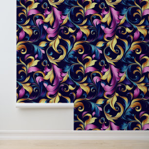 Pink, Blue, Gold, Leaf Swirl Pattern Wallpaper