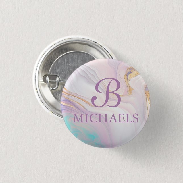 Pink Blue Gold Marble Monogram Personalized Name 1 Inch Round Button (Front & Back)