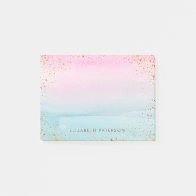 Pink Blue Gold Ombre Watercolor | Add Name Post-it Notes (Front)