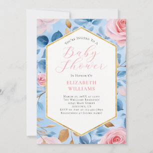 Pink Blue Gold Roses Baby Shower Invitation
