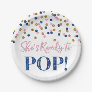 Pink Blue Gold She's Ready to Pop Baby Shower Paper Plate