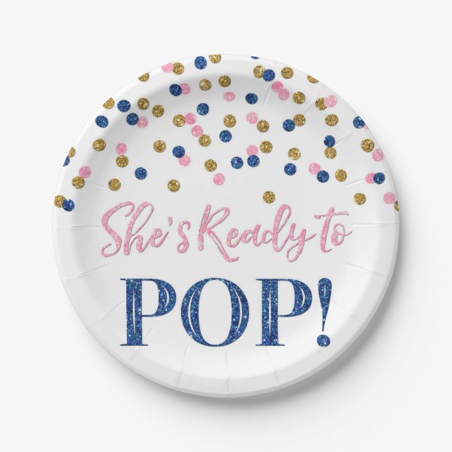 Pink Blue Gold She's Ready to Pop Baby Shower Paper Plate (Front)