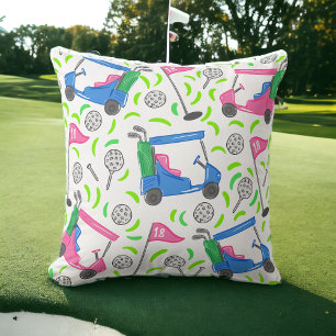 Pink & Blue Golf Cart Pattern / Golf Decor Throw Pillow