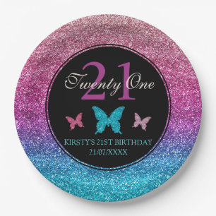 Pink & Blue Gradient Glitter & Butterfly Birthday Paper Plate