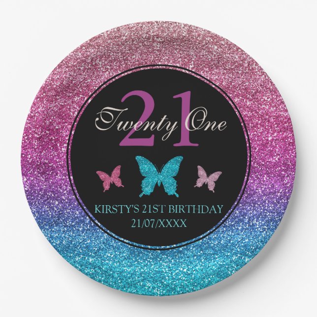 Pink & Blue Gradient Glitter & Butterfly Birthday Paper Plate (Front)