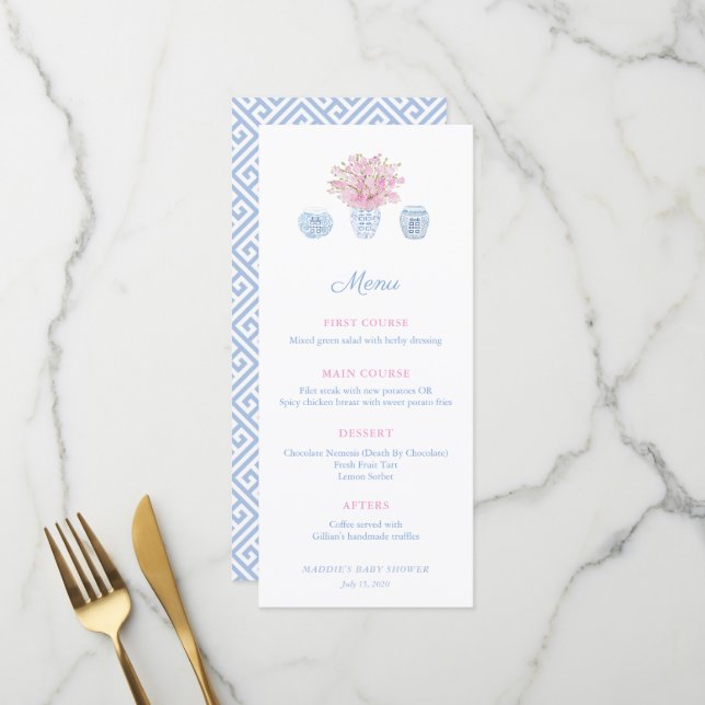 Pink Blue Grandmillenial Wedding Shower Luncheon Menu (Front/Back In Situ)