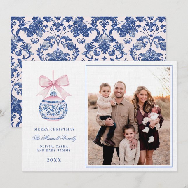 Pink & Blue Grandmillennial Damask Ornament  Photo Invitation (Front/Back)