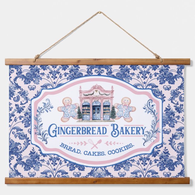 Pink & Blue Grandmillennial Gingerbread Bakery Hanging Tapestry (Front)