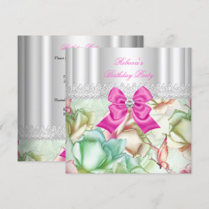 Pink Blue Green Floral Lace Birthday Party Invitation