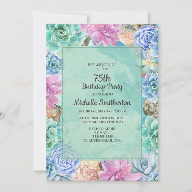 Pink Blue Green Floral Succulents 75th Birthday Invitation (Front)