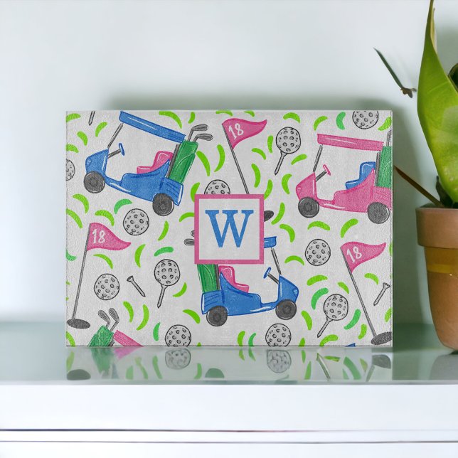 Pink Blue Green Golf Preppy Monogram Initial Cutting Board (Creator Uploaded)