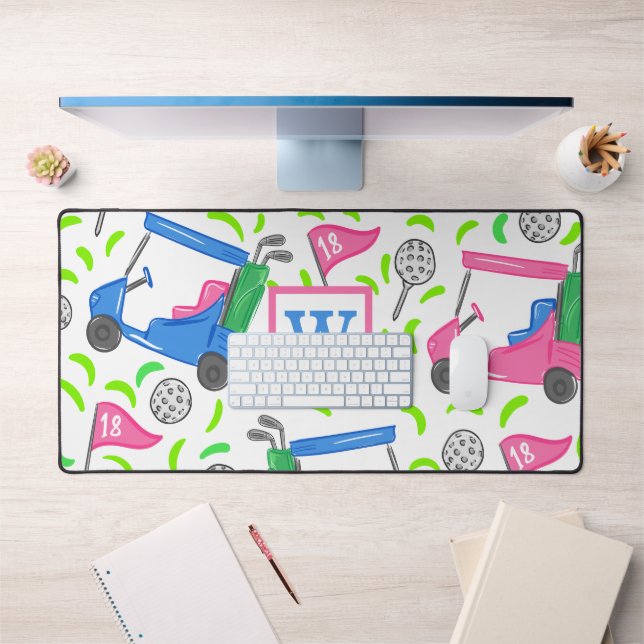 Pink Blue Green Golf Preppy Monogram Initial Desk Mat (Office 1)