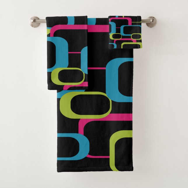 Pink Blue Green Neon Retro Squares Black Pattern Bath Towel Set (Insitu)