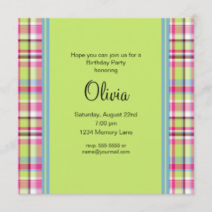Pink Blue & Green Plaid Birthday Party Invitation