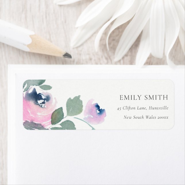 PINK BLUE GREEN ROSE WATERCOLOR FLORAL ADDRESS (Insitu)
