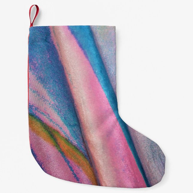 Pink blue green textile small christmas stocking (Front)
