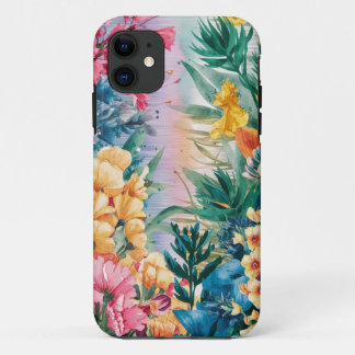 Pink Blue Green Yellow Orange Flower Art Pattern iPhone 11 Case
