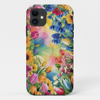 Pink Blue Green Yellow Orange Flower Art Pattern iPhone 11 Case