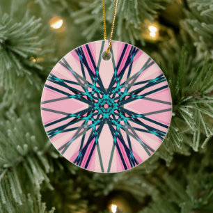 Pink Blue Grey Fractal Snowflake Winter Festive Ceramic Ornament