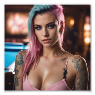 Pink Blue Hair Punk Tattoo Girl Pool Bar Photo Print