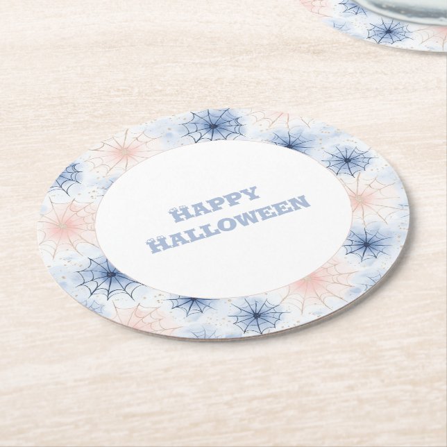 Pink Blue Halloween Spider Webs Round Paper Coaster (Angled)