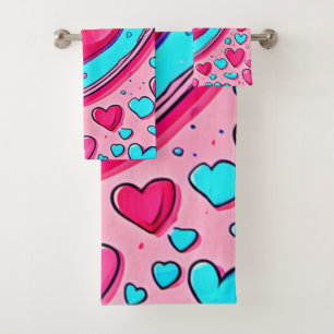 Pink Blue Heart Pattern Bath Towel Set