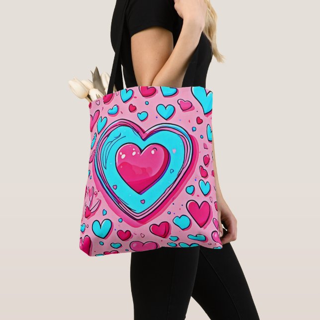 Pink Blue Heart Pattern Tote Bag (Close Up)
