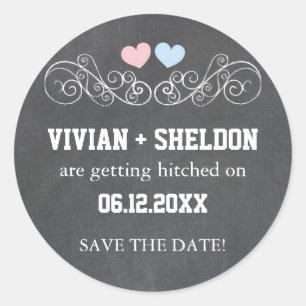 Pink Blue Hearts Chalkboard Wedding Classic Round Sticker