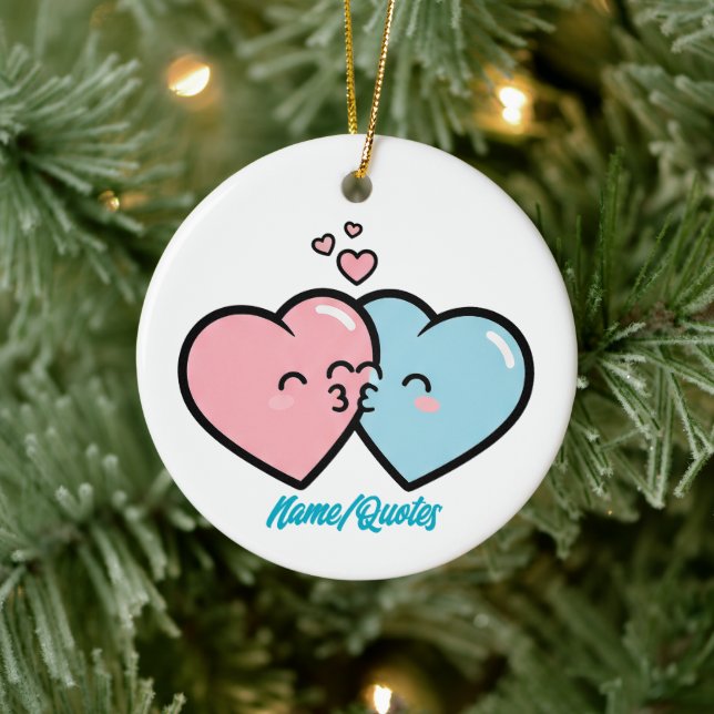 Pink & Blue Hearts Kiss Ceramic Ornament (Tree)