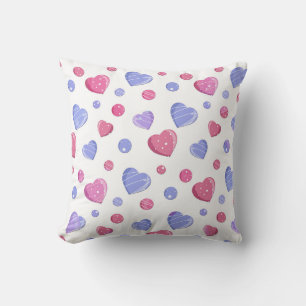 Pink, blue hearts on a white background. throw pillow