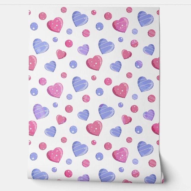 Pink, blue hearts on a white background. wallpaper (Unrolling)