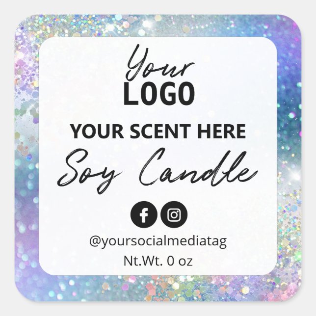 Pink Blue Holographic Glitter Soy Candle Labels (Front)