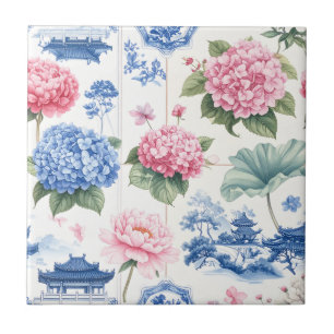 Pink Blue Hydrangea Peony Garden Tile
