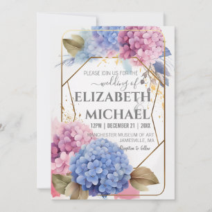 Pink Blue Hydrangea Watercolor Wedding Gold Frame Invitation
