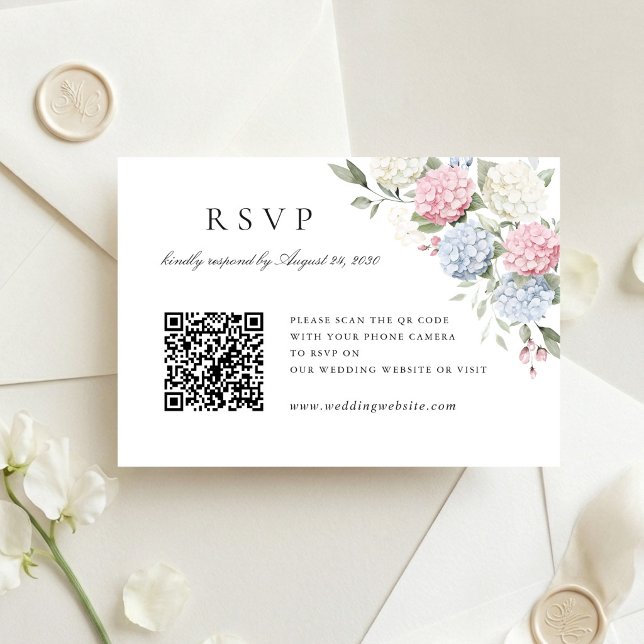 Pink & Blue Hydrangea Wedding QR Code RSVP Card (Creator Uploaded)