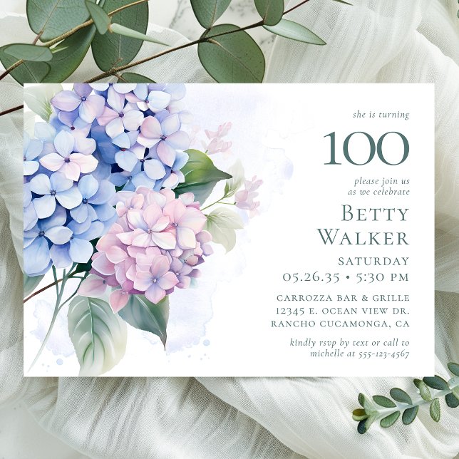 Pink Blue Hydrangeas 100th Birthday Party Invitation (Creator Uploaded)
