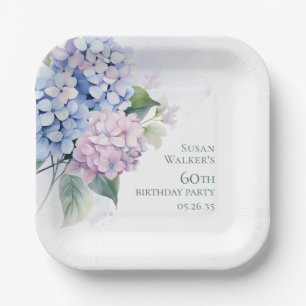 Pink Blue Hydrangeas 60th Birthday Paper Plate