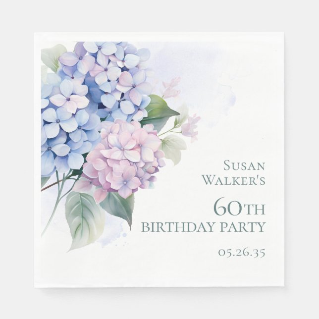 Pink Blue Hydrangeas 60th Birthday Party Napkin (Front)