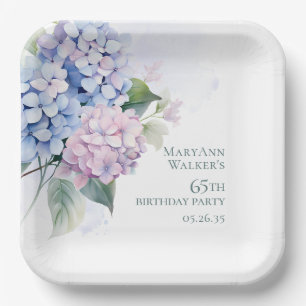 Pink Blue Hydrangeas 65th Birthday Paper Plate