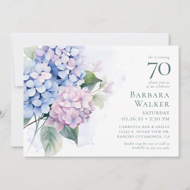 Pink Blue Hydrangeas 70th Birthday Card Request (Front)