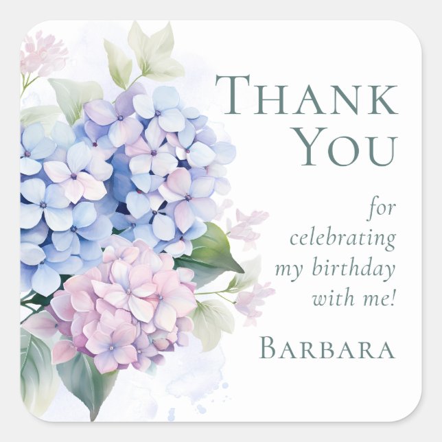Pink Blue Hydrangeas 70th Birthday Party Thank You Square Sticker (Front)